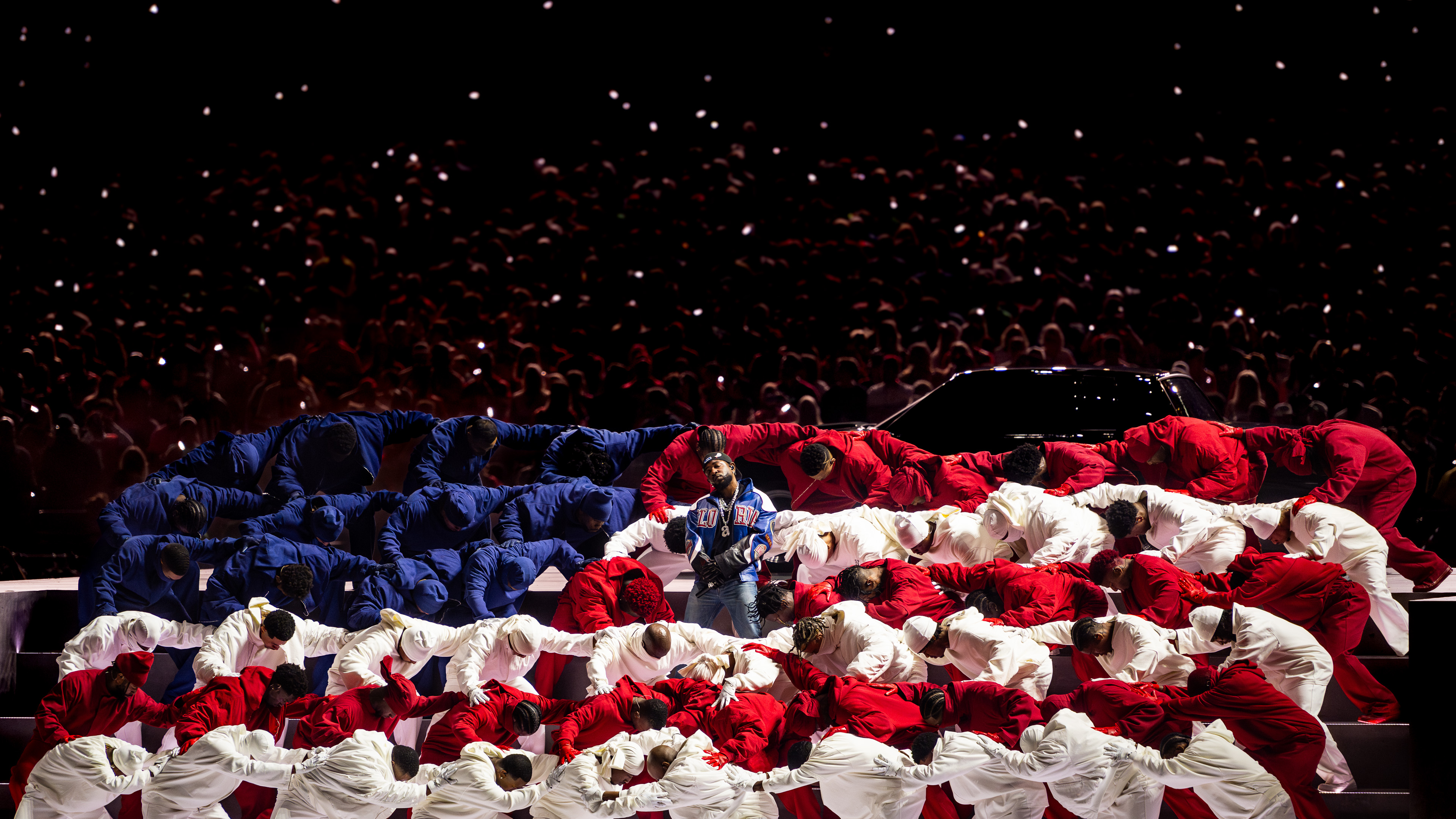 Kendrick Lamar performing at the Super Bowl LIX halftime show, Caesars Superdome